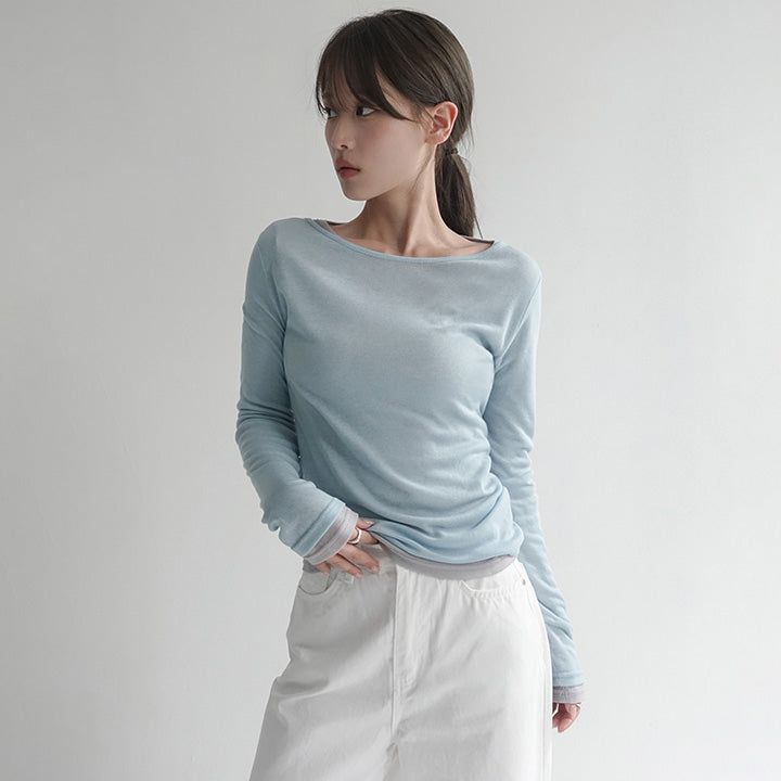 [Seight] Seam-Detail Round-Neck Long-Sleeve T-Shirt - 5 Colors