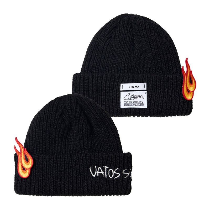 FLAME PATCH EMBROIDERED BEANIE KHAKI/ ORANGE / SKY BLUE /  BLACK