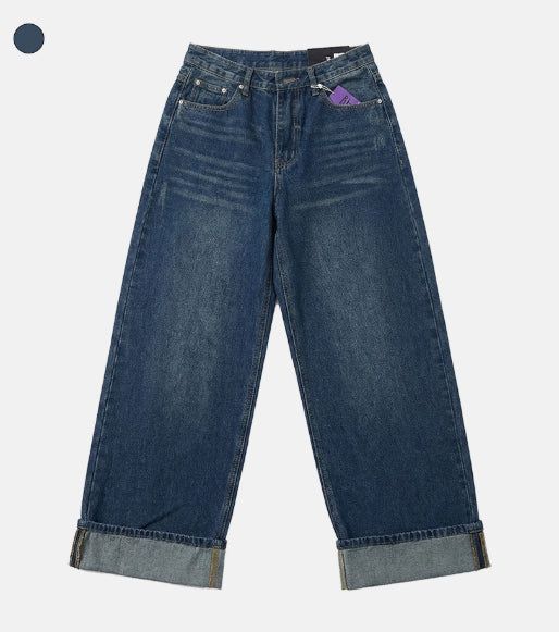 Cuffed cat washing denim pants