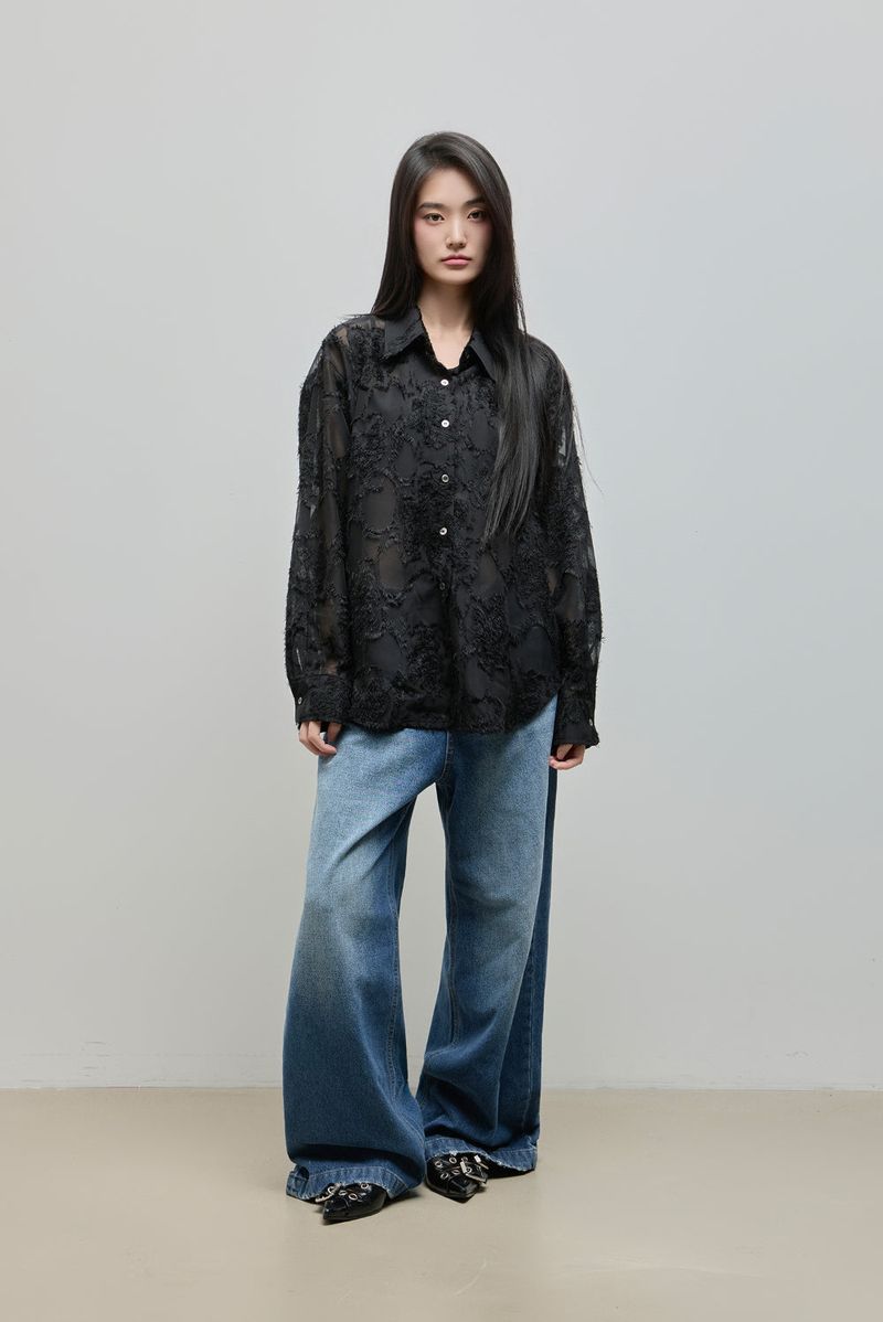 Feather Lace Overfit Shirt_Black