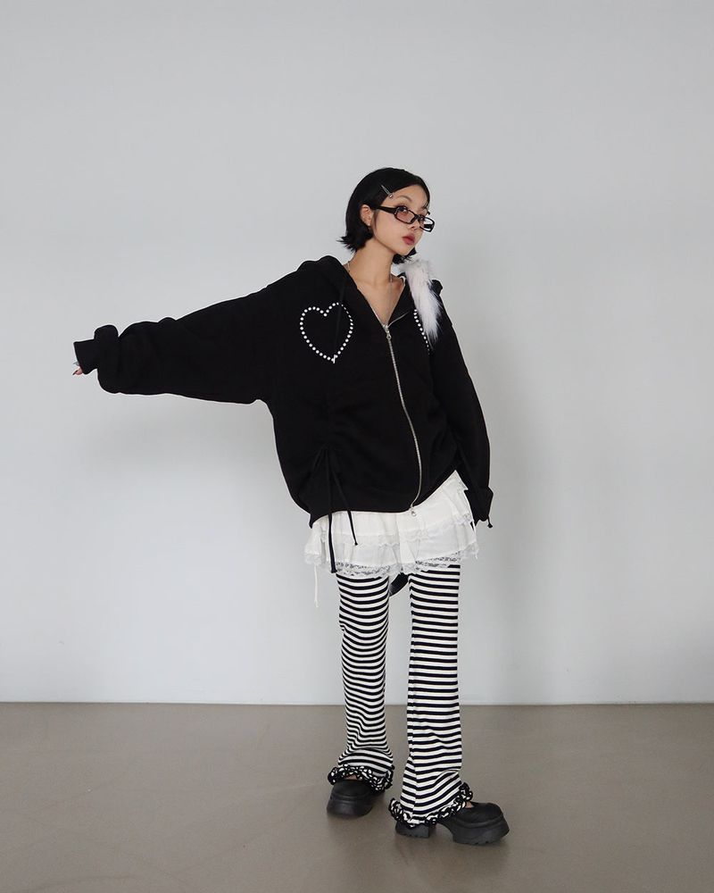 Wool napping heart wrinkle shirring hooded zip-up
