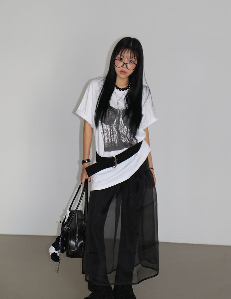 Volume see-through layered long skirt