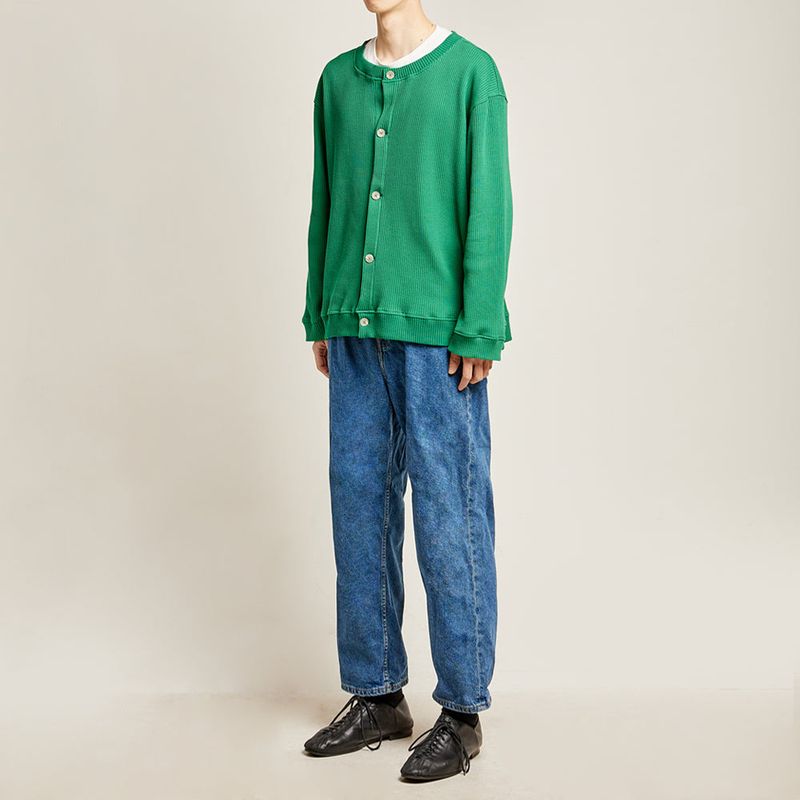 DAMP ROUND-NECK WAFFLE CARDIGAN_GREEN