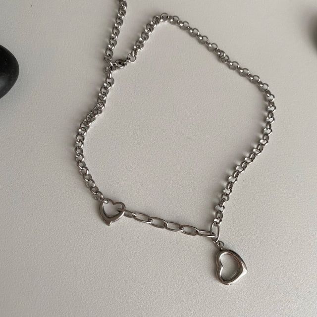 cuh Twin Heart Bold Chain Choker Long Necklace