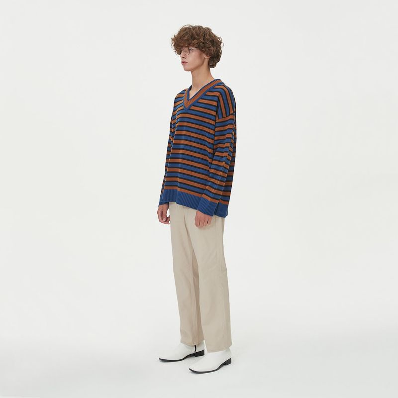 STRIPE V NECK KNIT_BLUE
