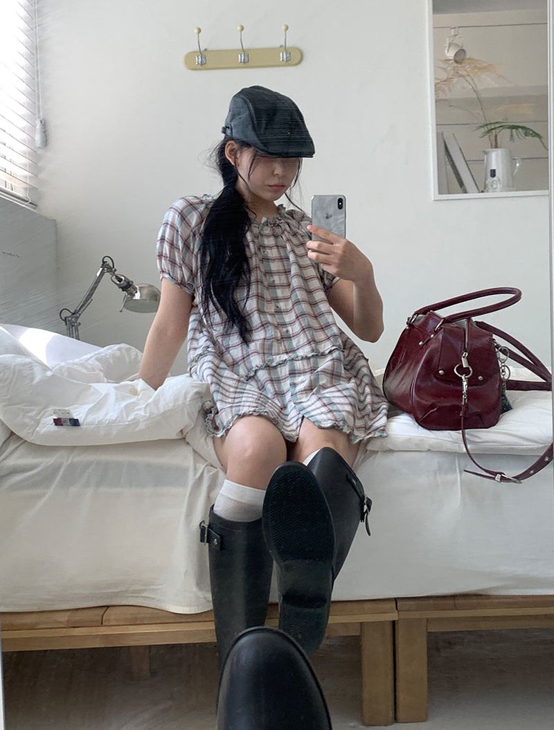 SAGE CHECK FRILL DRESS (2C)