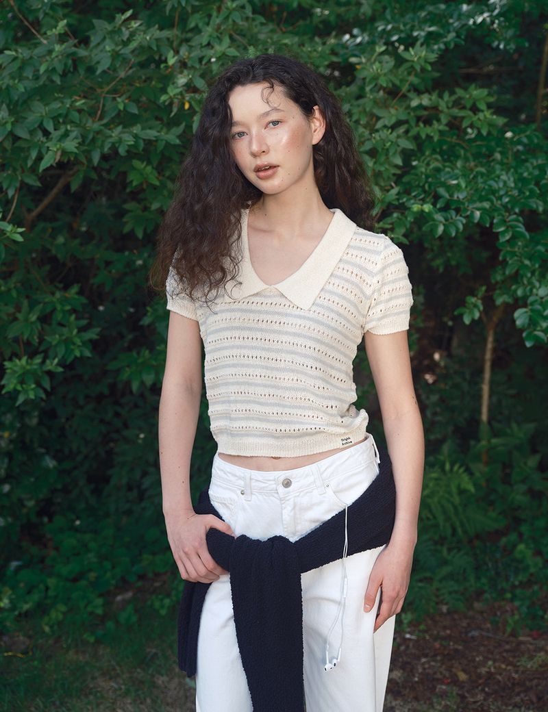 Stripe Deep V Collar Knit Top_Grey
