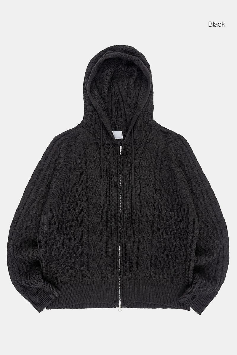 Cable twisted knit hood zip-up