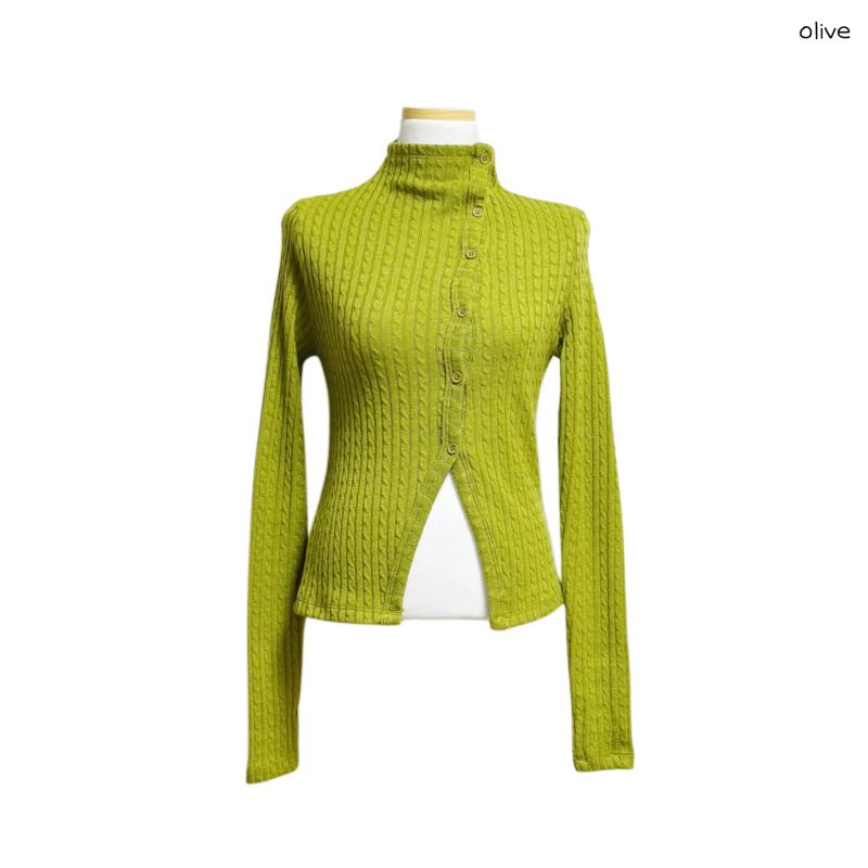 (3color) Slit Cable High-Neck Slim Cardigan