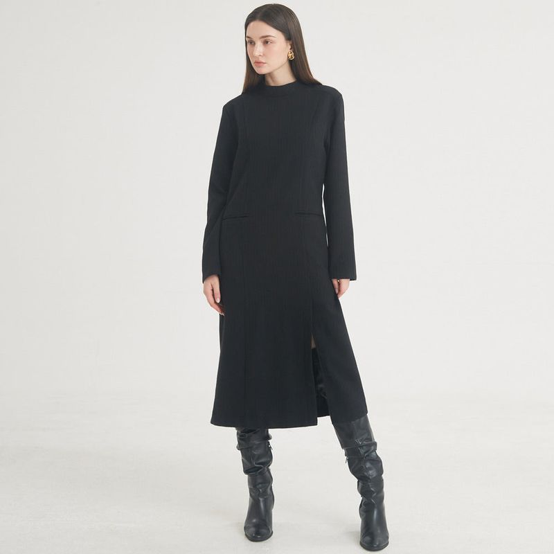 Herringbone Slit Long Dress (Black)