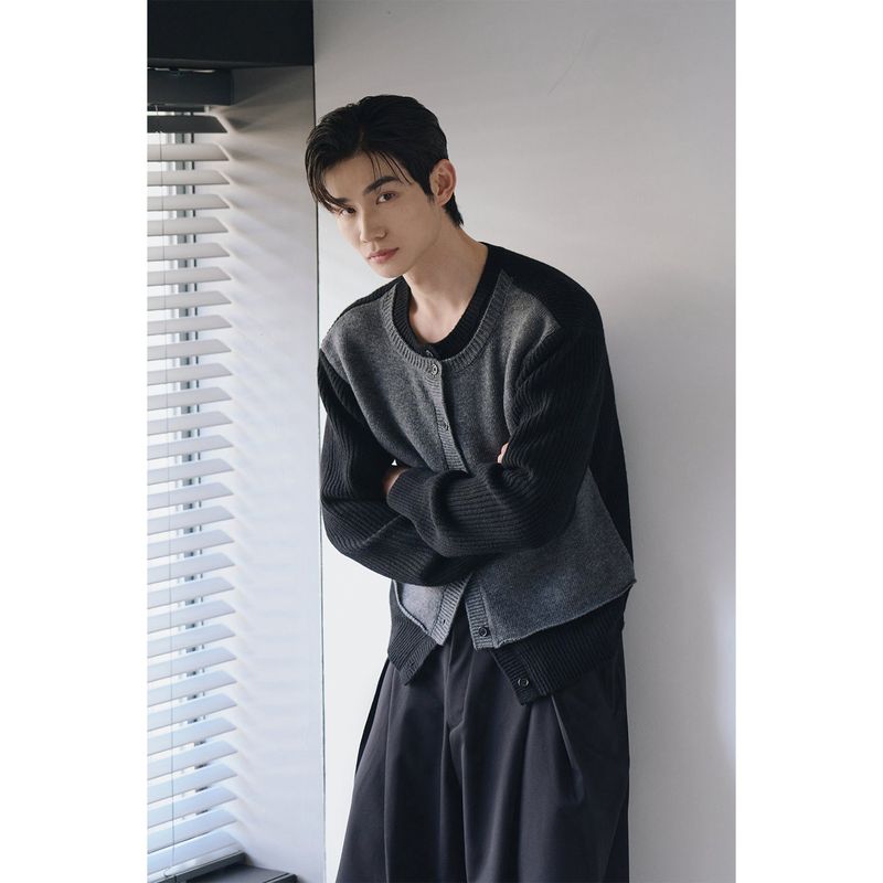 Layered wool knit cardigan(Black)