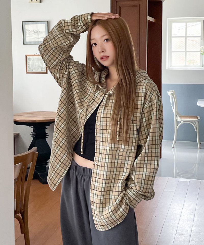 POINT LABEL CHECK HOOD SHIRT