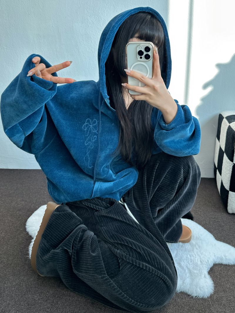 CCORTTI(コルッティ)の「RIBBON PATTERN VELVET HOOD ZIP-UP💚💙🖤 - 3 COLORS(Jackets/Outerwear)」