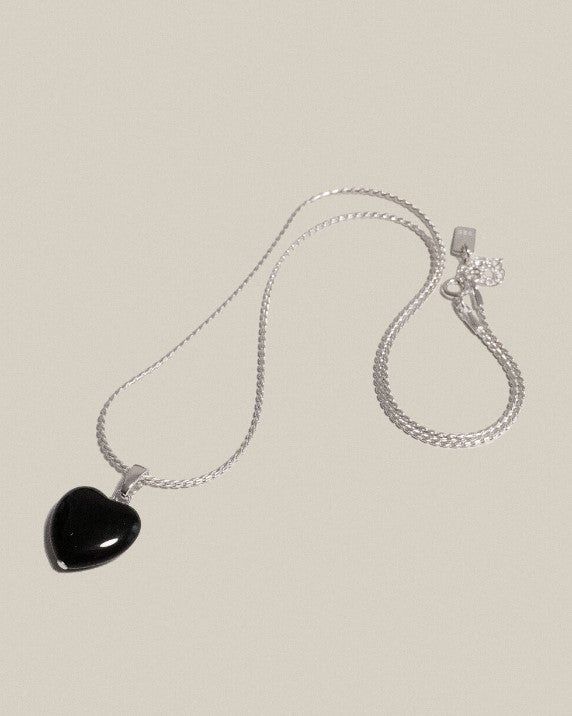 Black Onyx Heart Necklace Silver