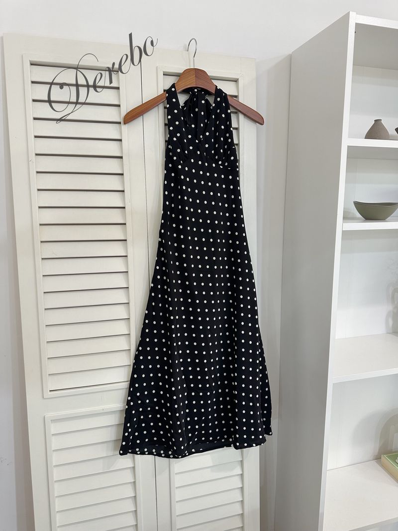 dot halter-neck sleeveless V-neck long dress