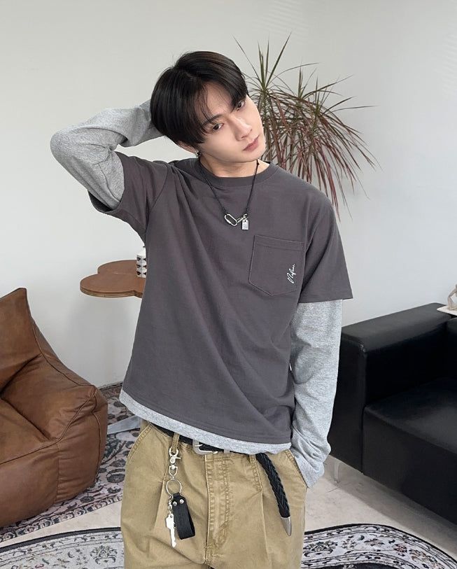 SATIIIZ（サティーズ）の「The N Embroidered Pocket Layered Tee（Tops）」