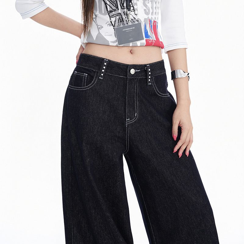 Dark Blue Washed Studded Wide-Leg Jeans