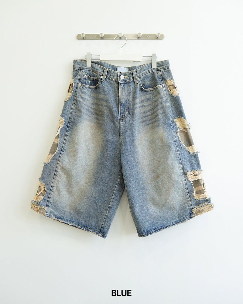 Destroyed Camouflage Denim Half Pants