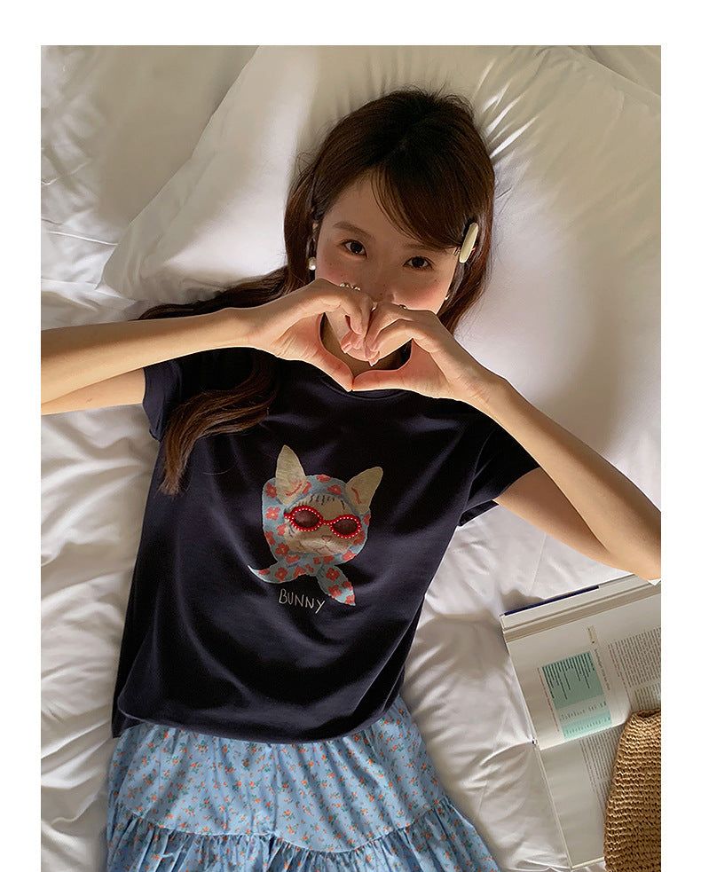 Beaded Glasses Graphic Crew Neck T-Shirt