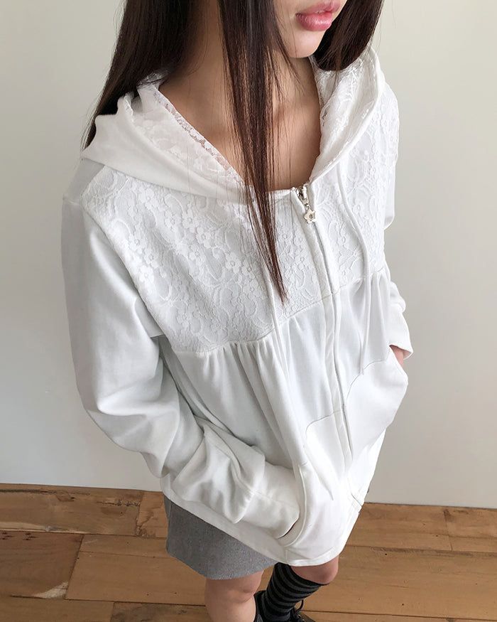 Nova Flower Lace Hooded Zip-Up