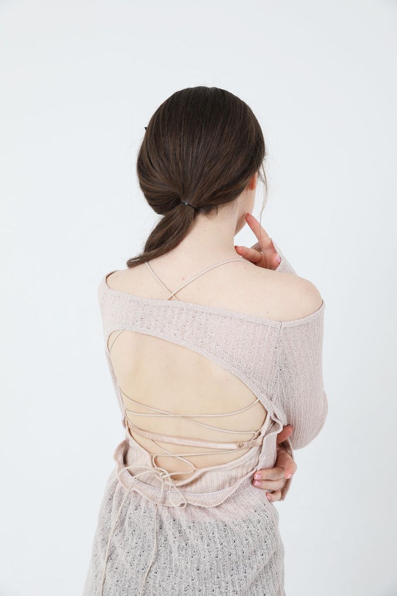 See-Throught Back Slit Long Sleeve Knit Beige