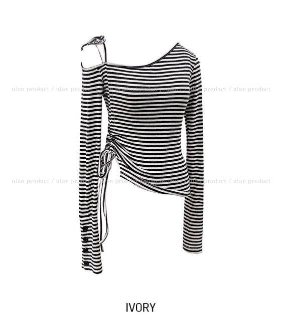 Delitte Stripe Unbalanced Shoulder Long Sleeve