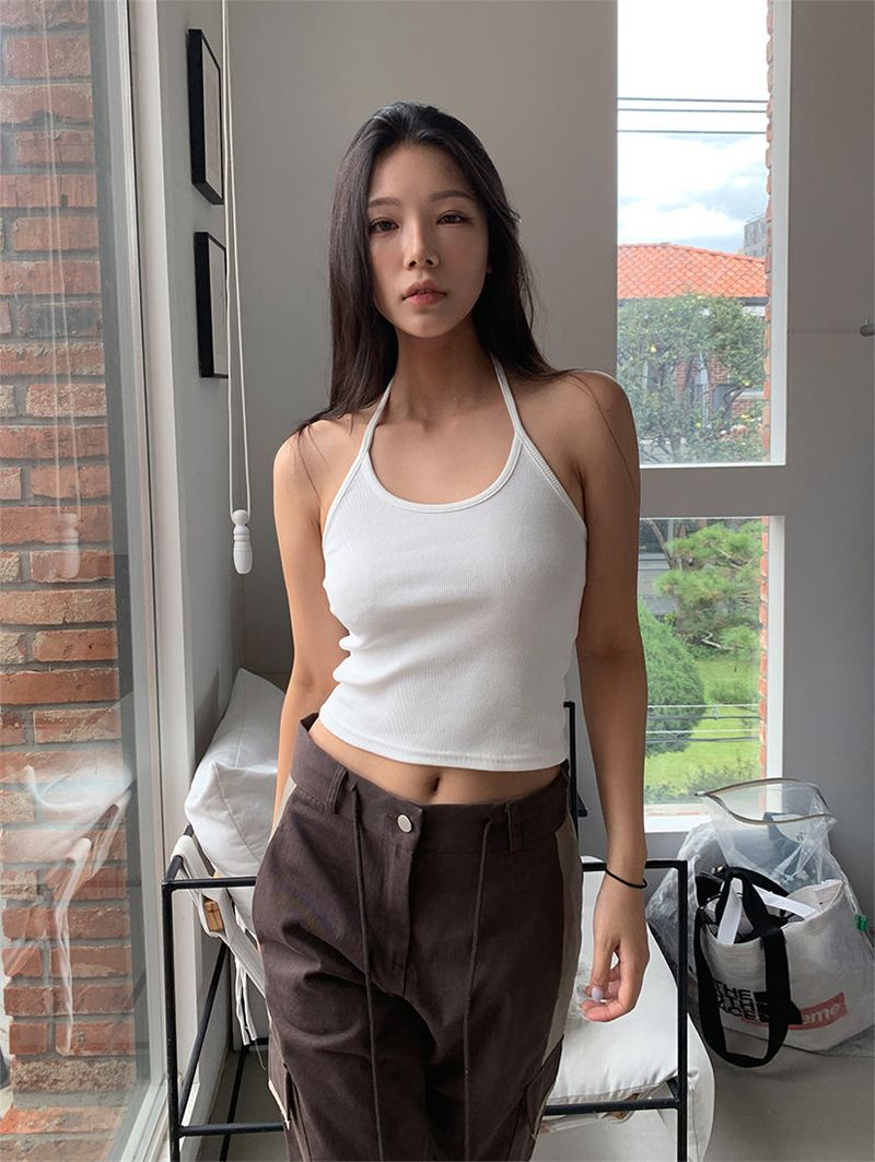 RIBBED HALTER SLEEVELESS (2COLOR)