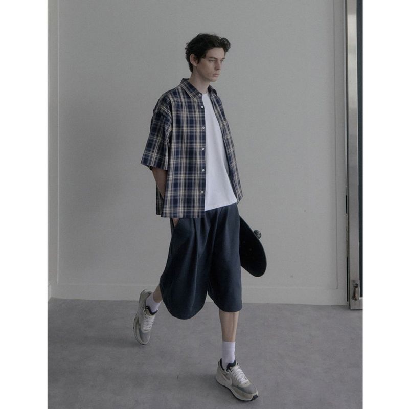 HUKE（フック）の「빈티지 워싱 카키블루 체크셔츠（Tops）」