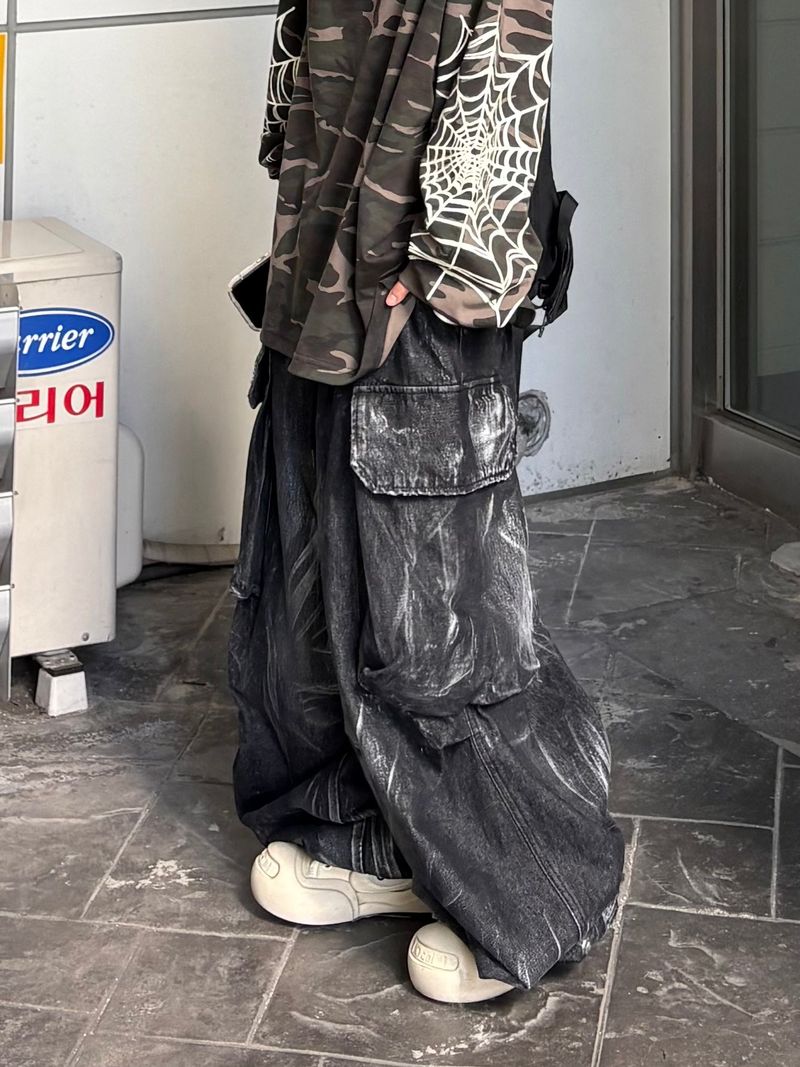 shot crack denim cargo balloon pants