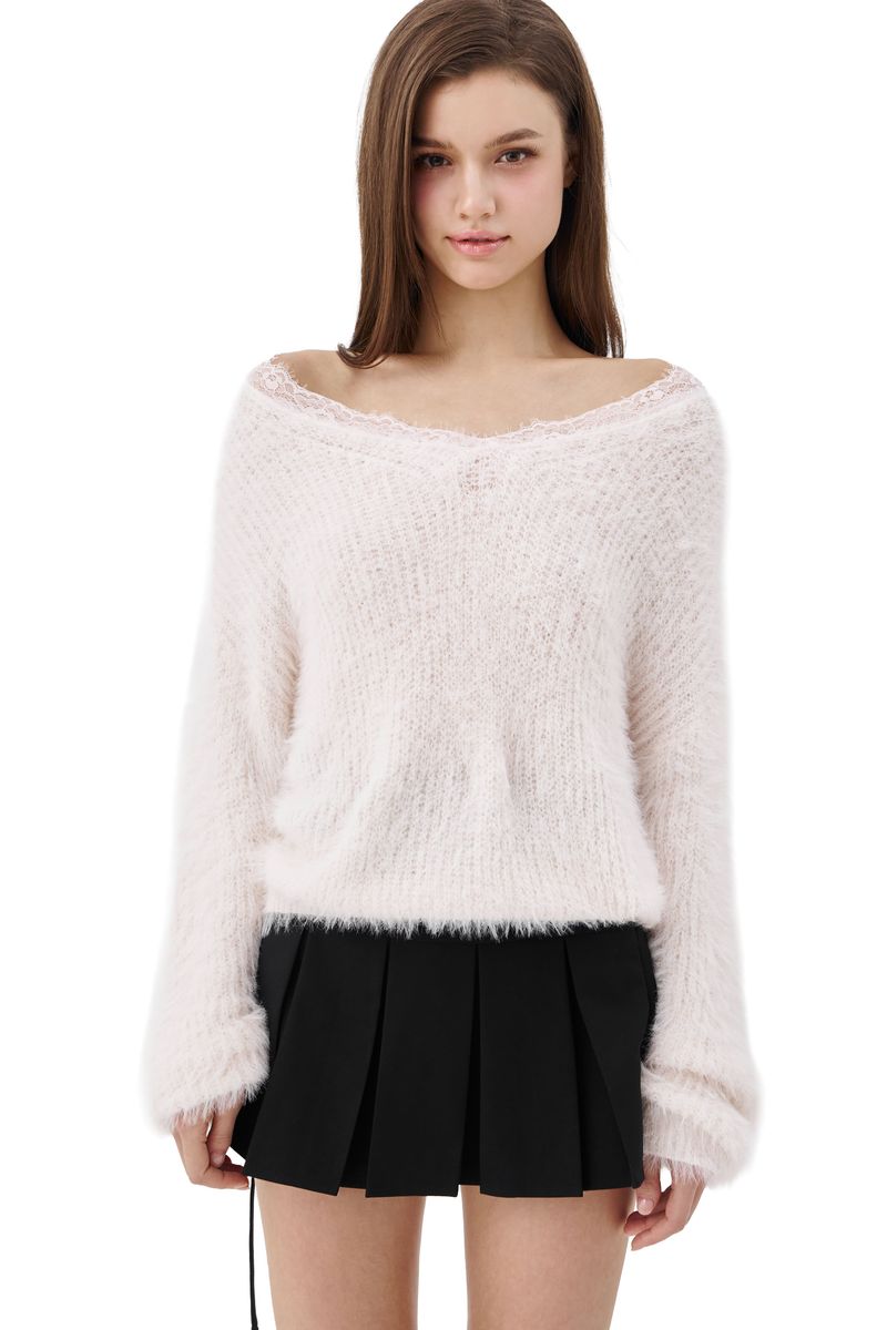 Blush lace off- shoulder knit, Pink
