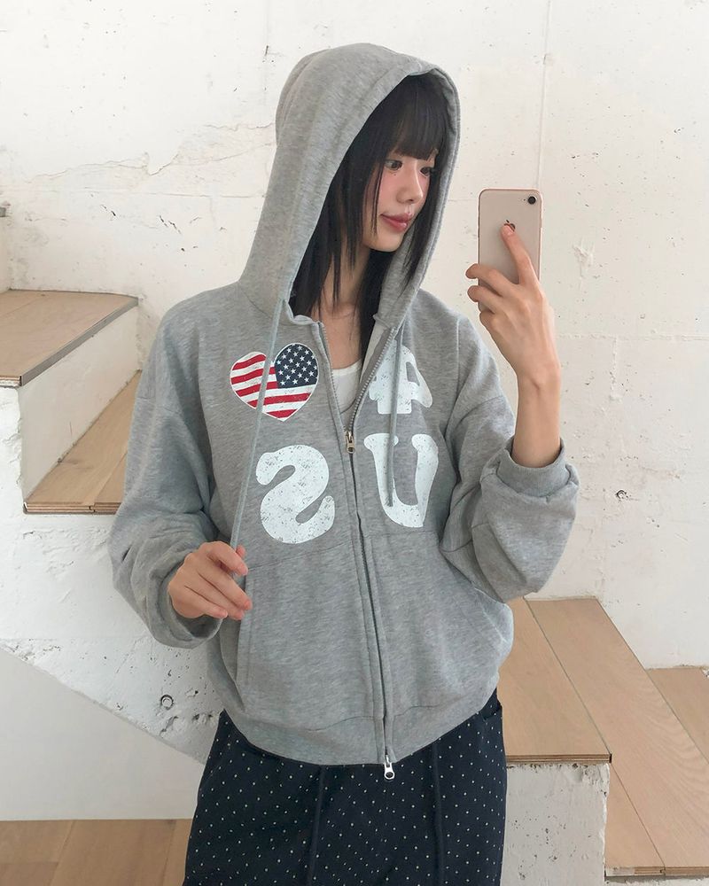 WONDER WONDER(ワンダーワンダー)の「Pekit Stars and Stripes Heart Print Two-Way Zipper Long Sleeve Hooded Zip-Up(Jackets/Outerwear)」