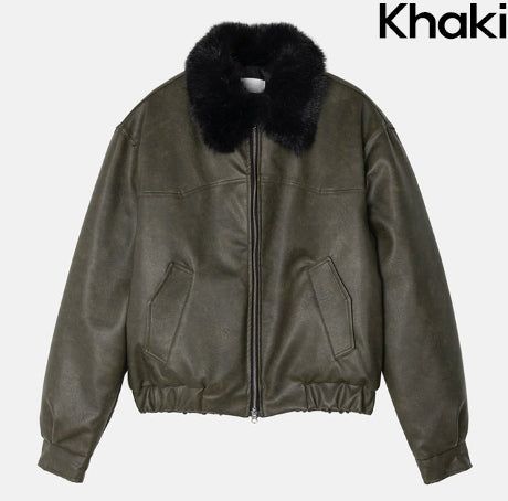 [premium] Frame Raccoon Collar Leather Jacket