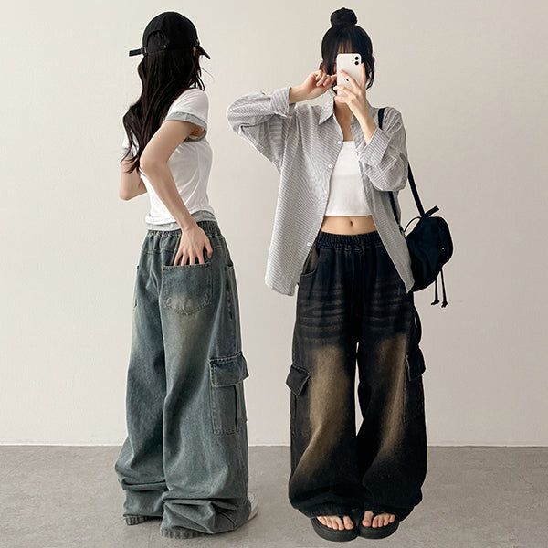hijjoo(ハイチュー)の「khaki waistband denim washing cargo wide pants (2 colors)(Pants)」