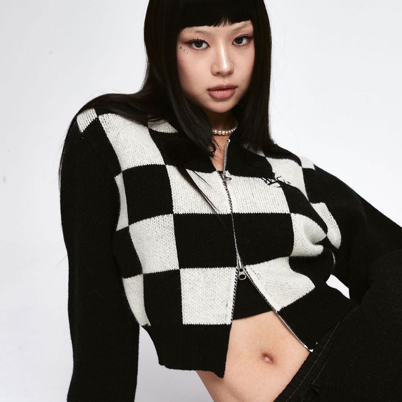 Wool Checkerboard Knit Zip-up  [2 Color]