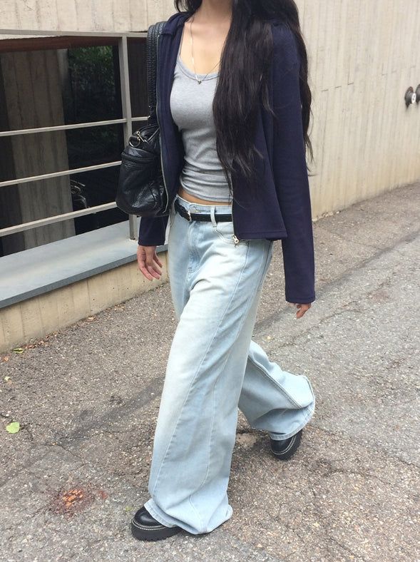 Bomshu Wide Washing Denim Long Pants