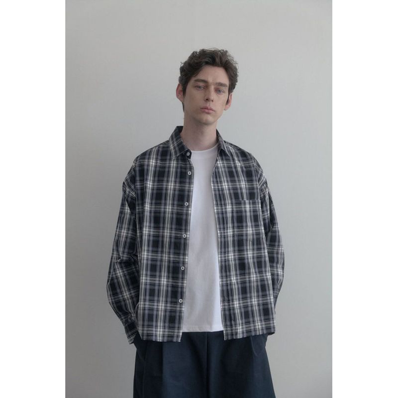 Vintage Washing gray blue check shirts
