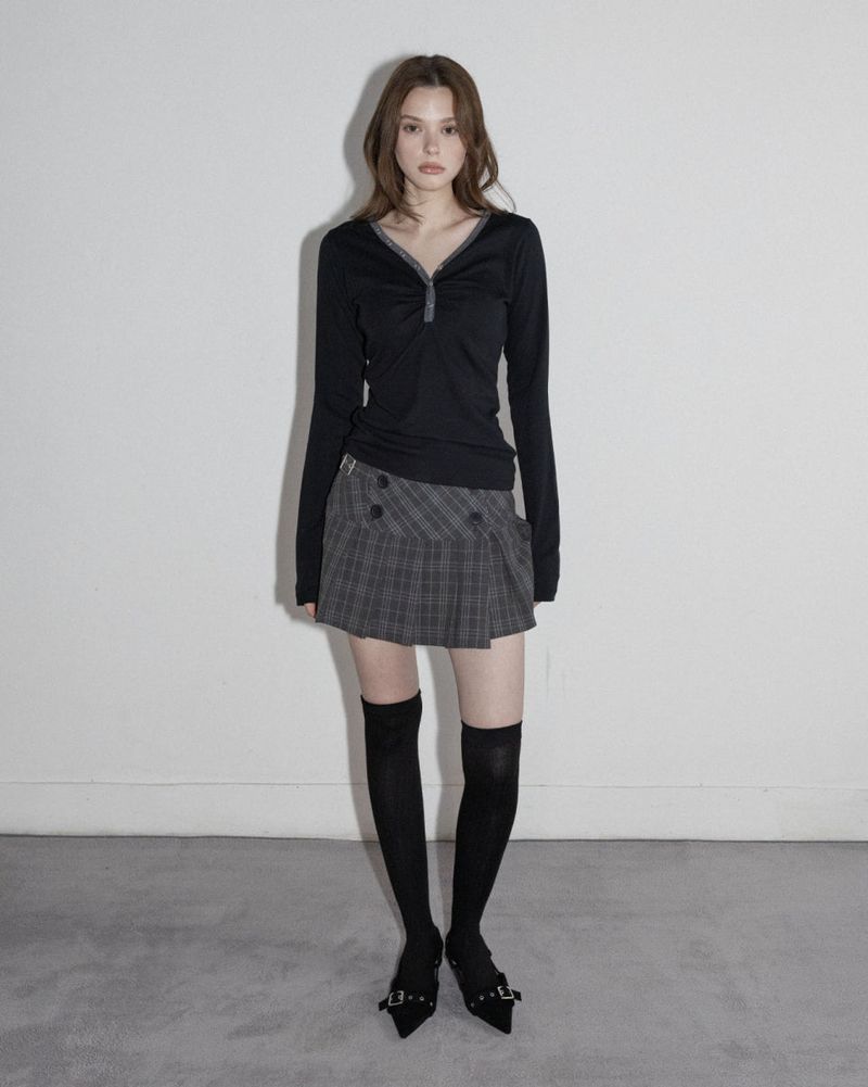 Shirring Henley Neck Long Sleeve Black