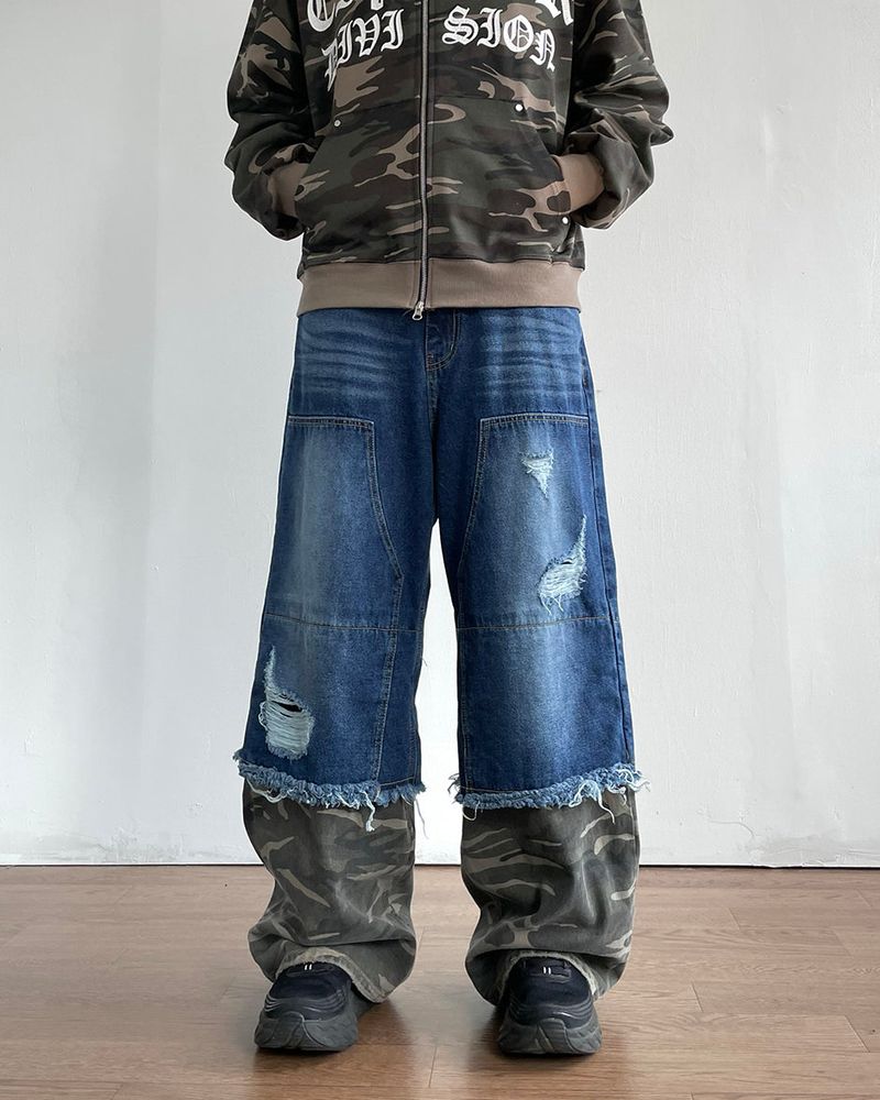 Destroyed Layered Camo Denim Pants