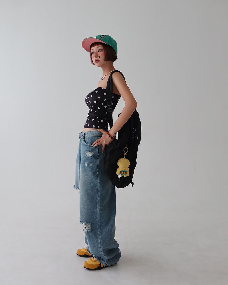 Roll-up collar vintage cutting wide denim