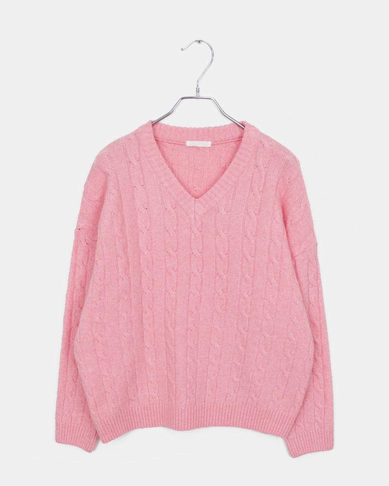 Noyu Loose Wool Cable-knit V-neck Sweater