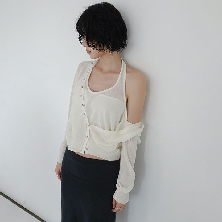 [Enzha] V-neck button see-through halter sleeveless cardigan - 4color