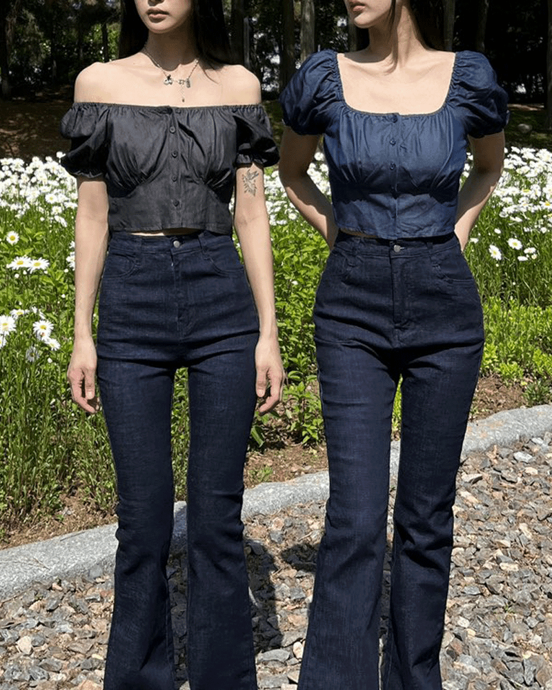 GUSTA（グスタ）の「Denim off-shoulder square neck puff crop top (3 colors)（Tops）」