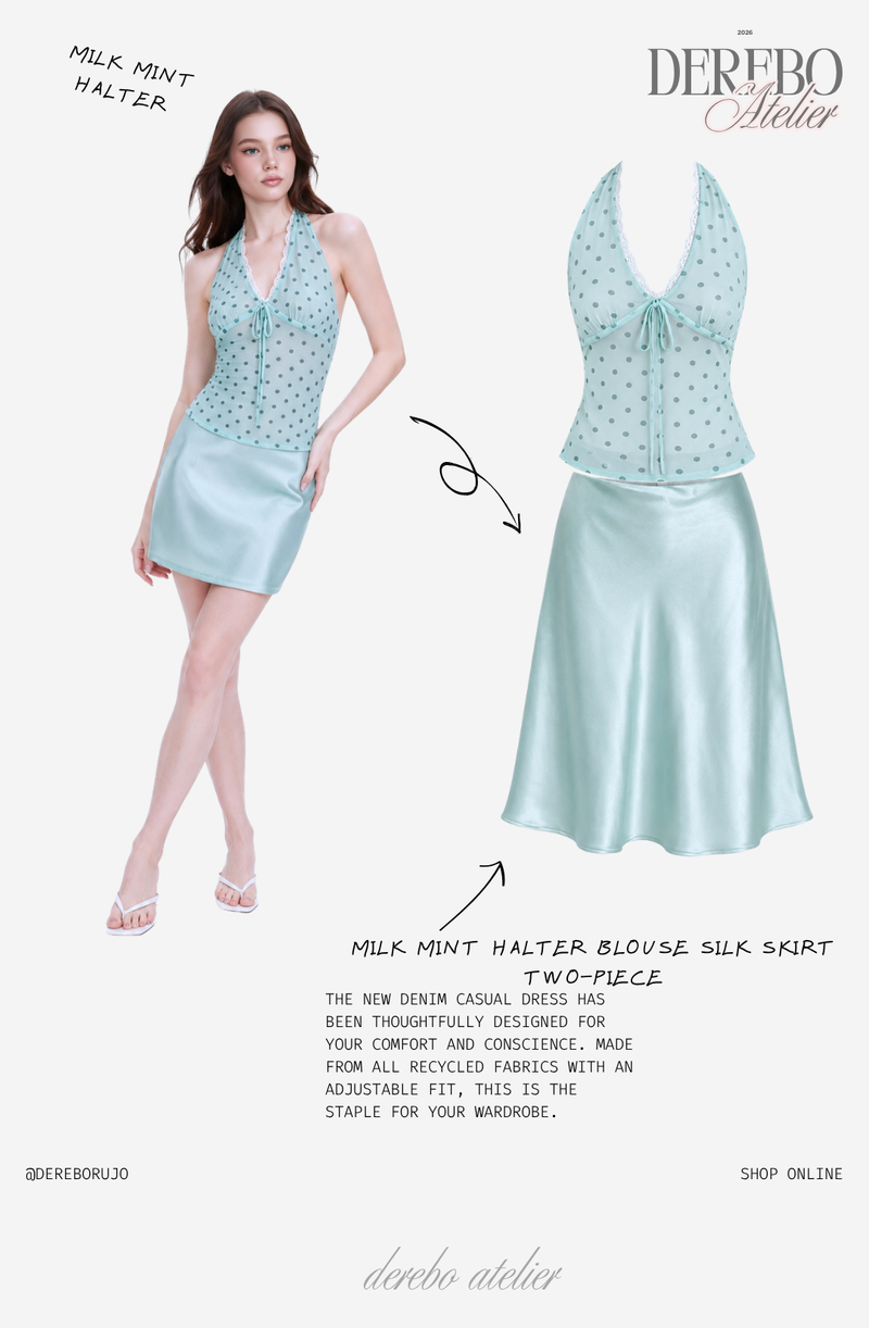 milk mint halter blouse silk skirt two-piece (SKIRT)