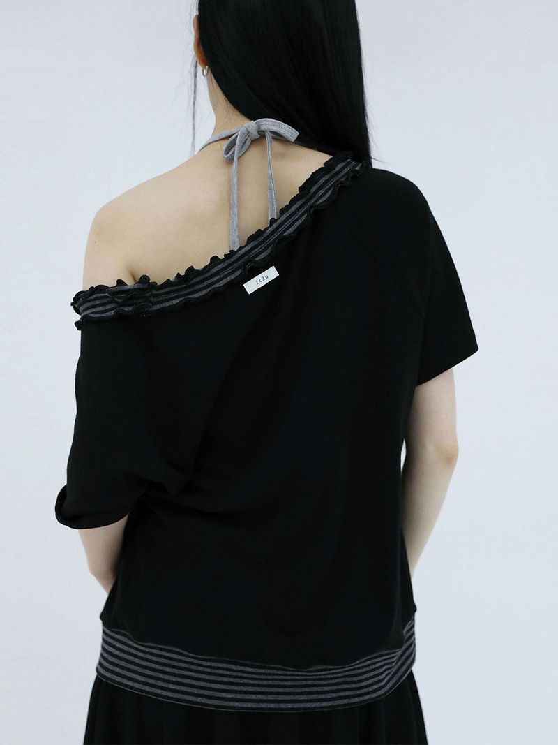 STRIPE FRILL OFF-SHOULDER(BLACK)