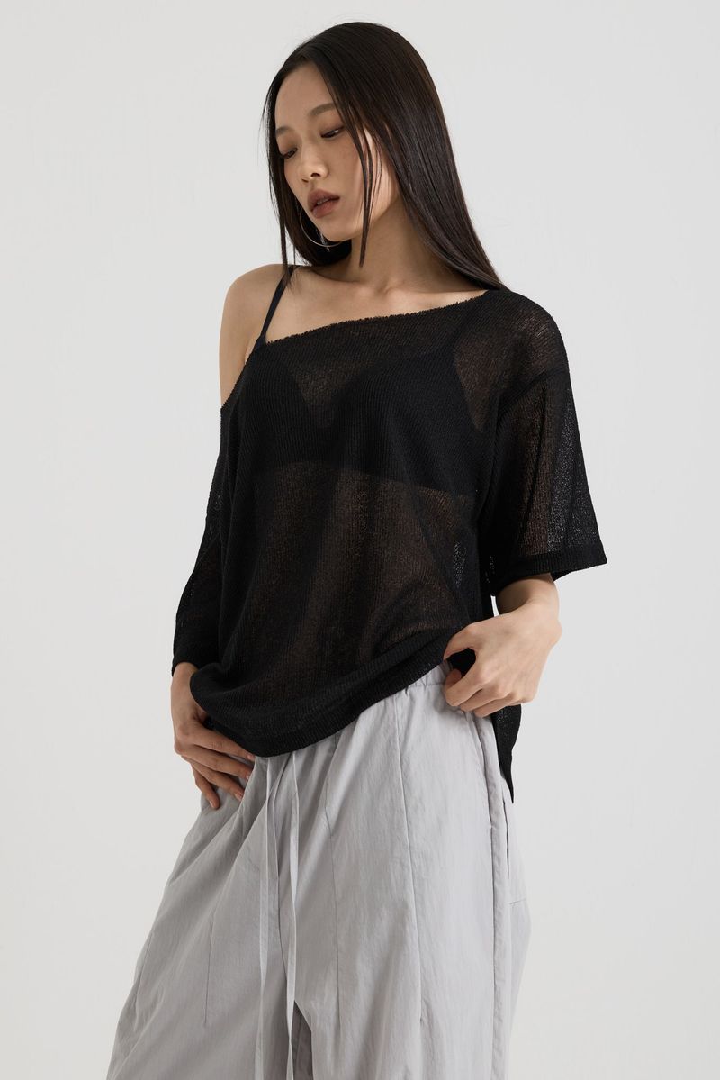 Knit one-shoulder t-shirt, Black
