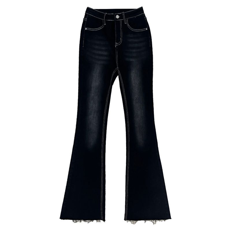 Color combination stitch gradient washed high waist spandex bootcut pants (Black)