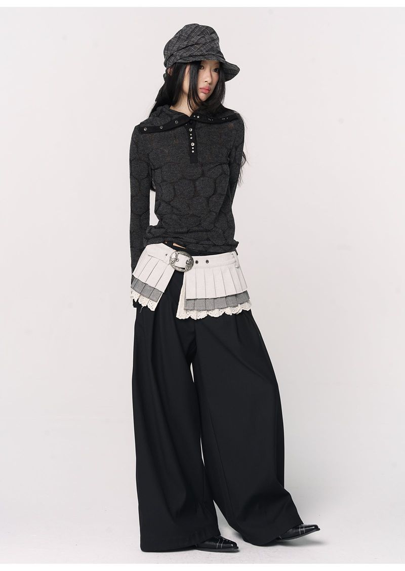 CONFUN Henry rivet patchwork lapel jacquard knitted slim top