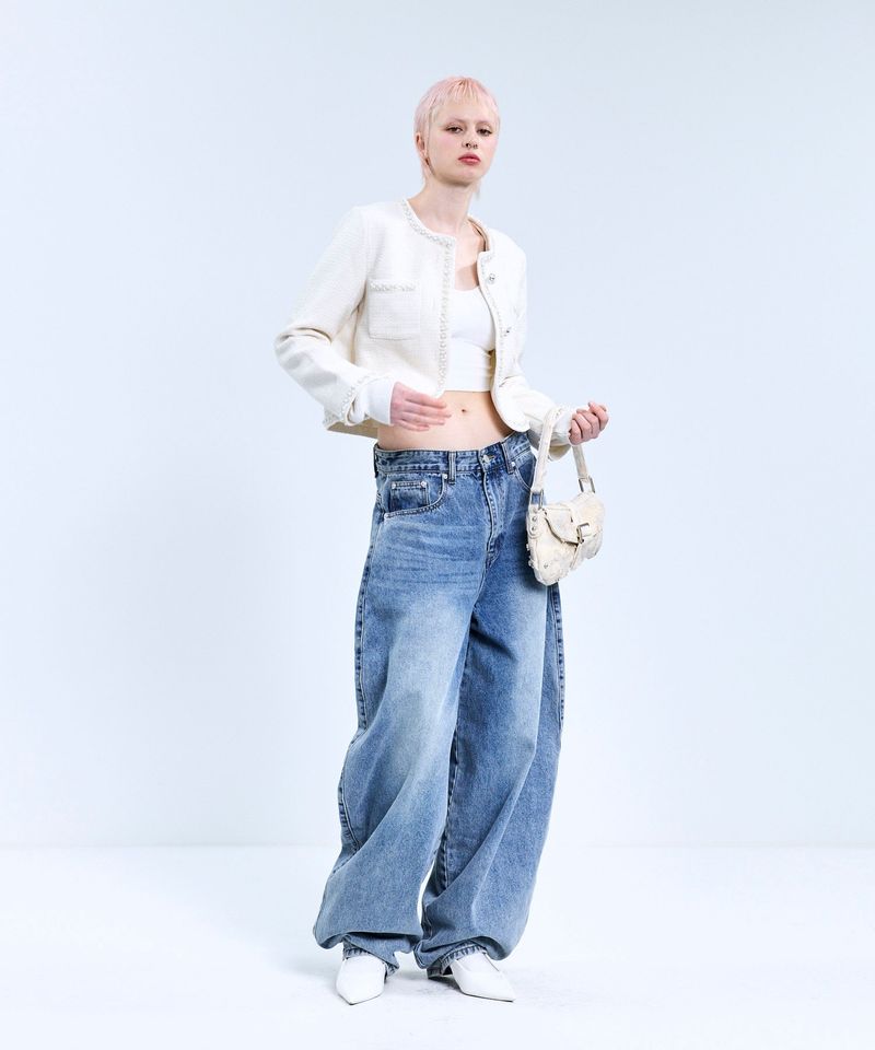 85-VIVAJ050 Line Point Crop Tweed Jacket White