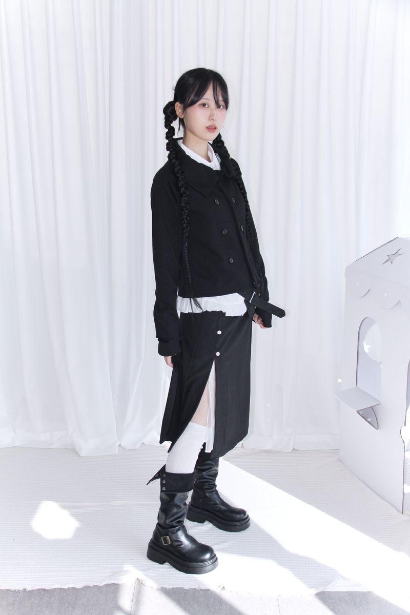 unbalanced diagonal collar double short jacket