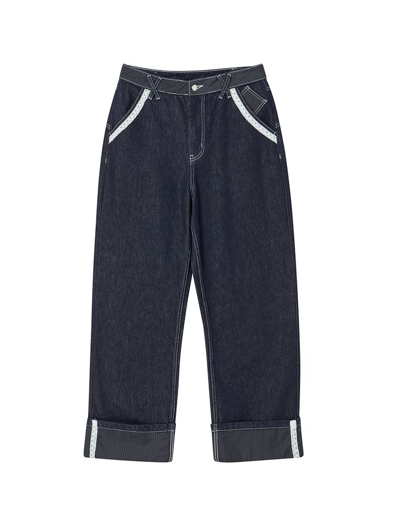 LACE ROLL UP DENIM PANTS BLUE